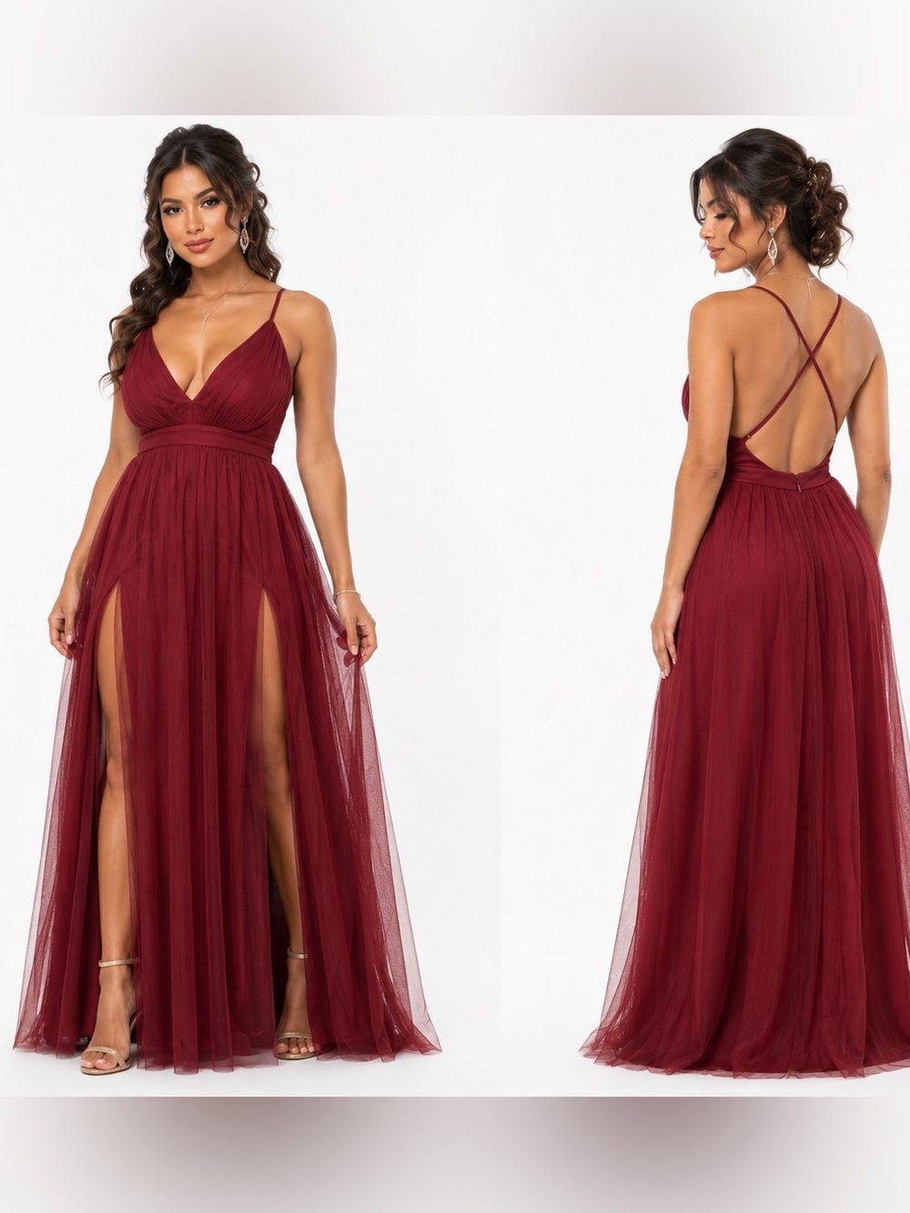 Lulu's Burgundy Rare Beauty Burgundy Tulle Backless Maxi Dress 1X